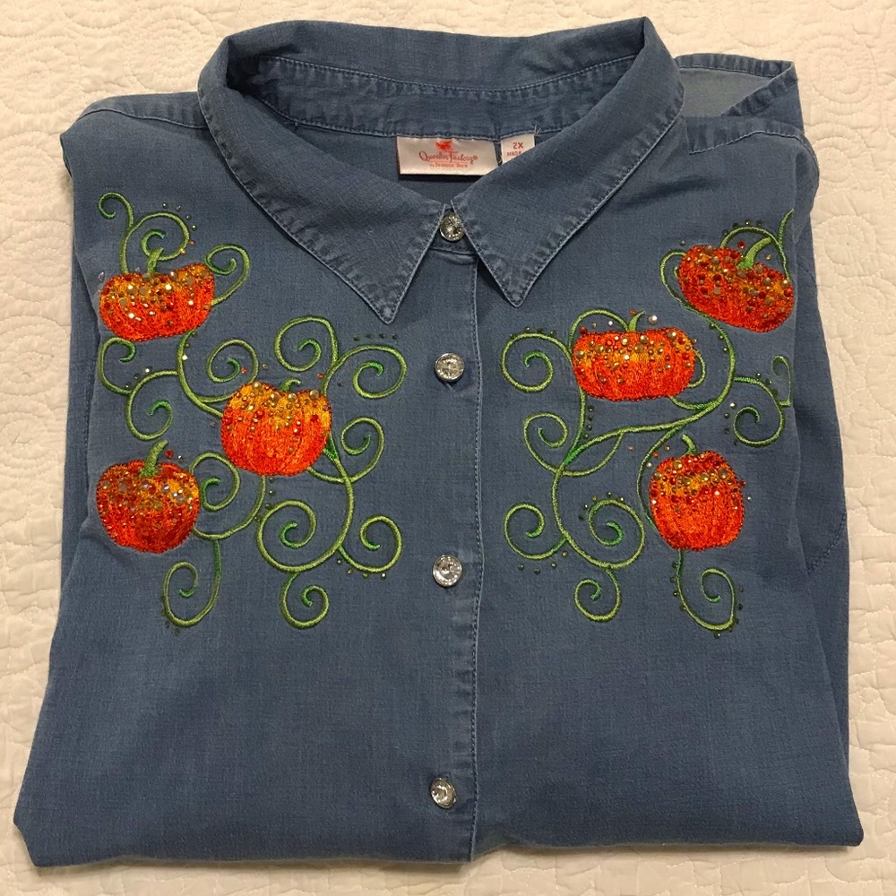 QF denim long sleeved shirt embellished with rhinestones—pumpkin design (2X)